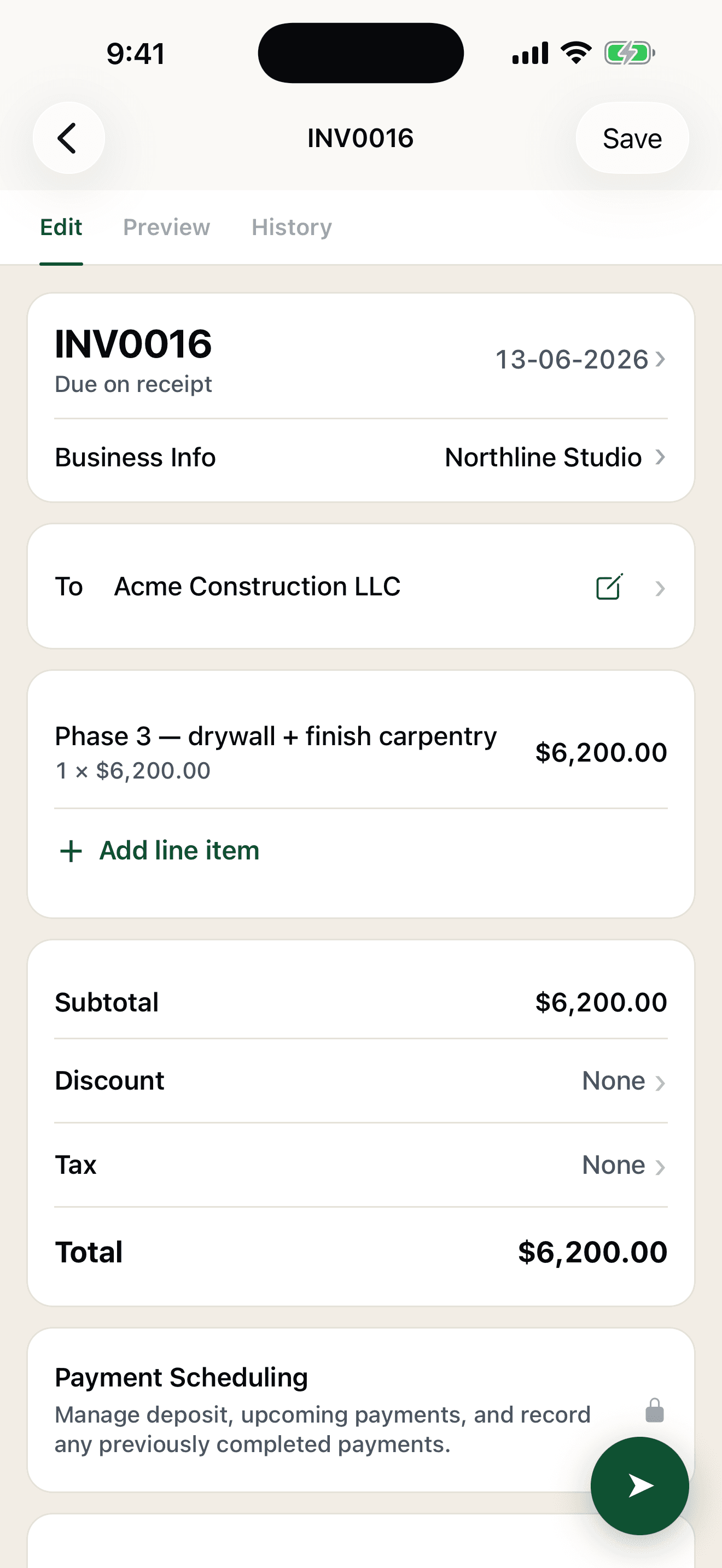 Pocket Invoice editor showing line items, totals, and an invoice ready to send
