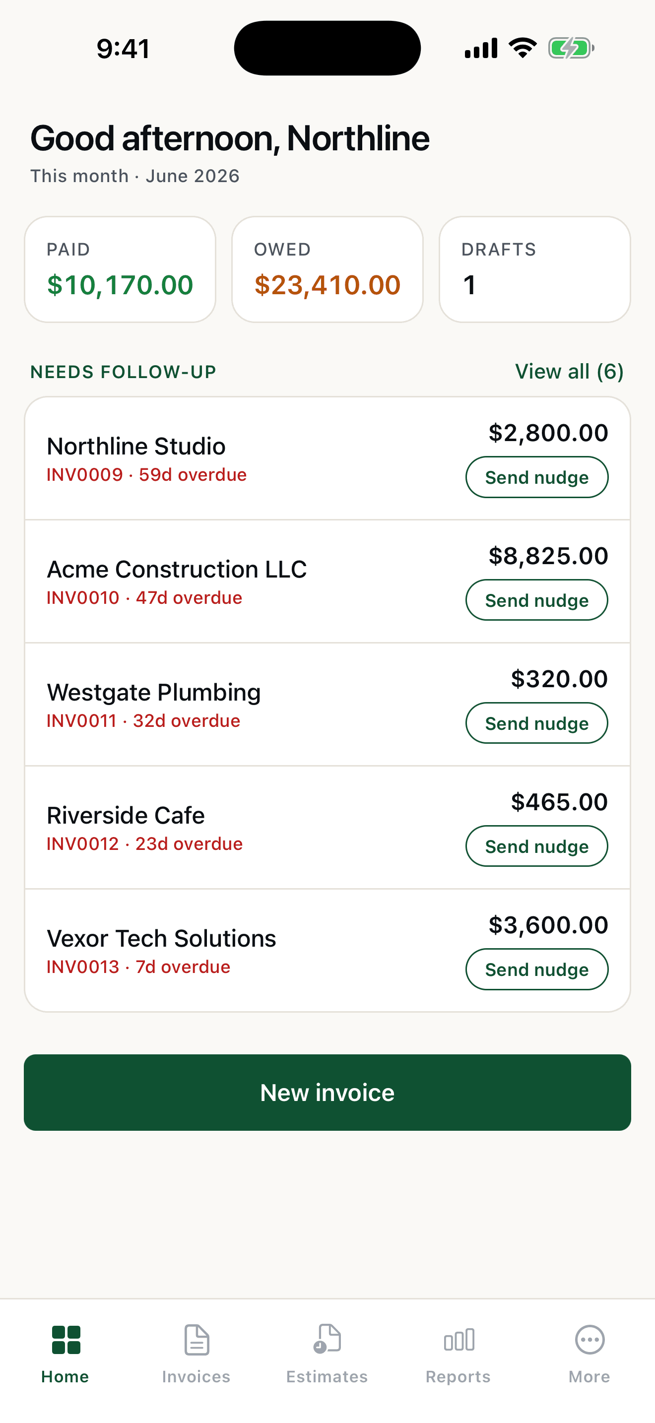 Pocket Invoice home screen showing paid, owed, and overdue invoices with one-tap nudge buttons