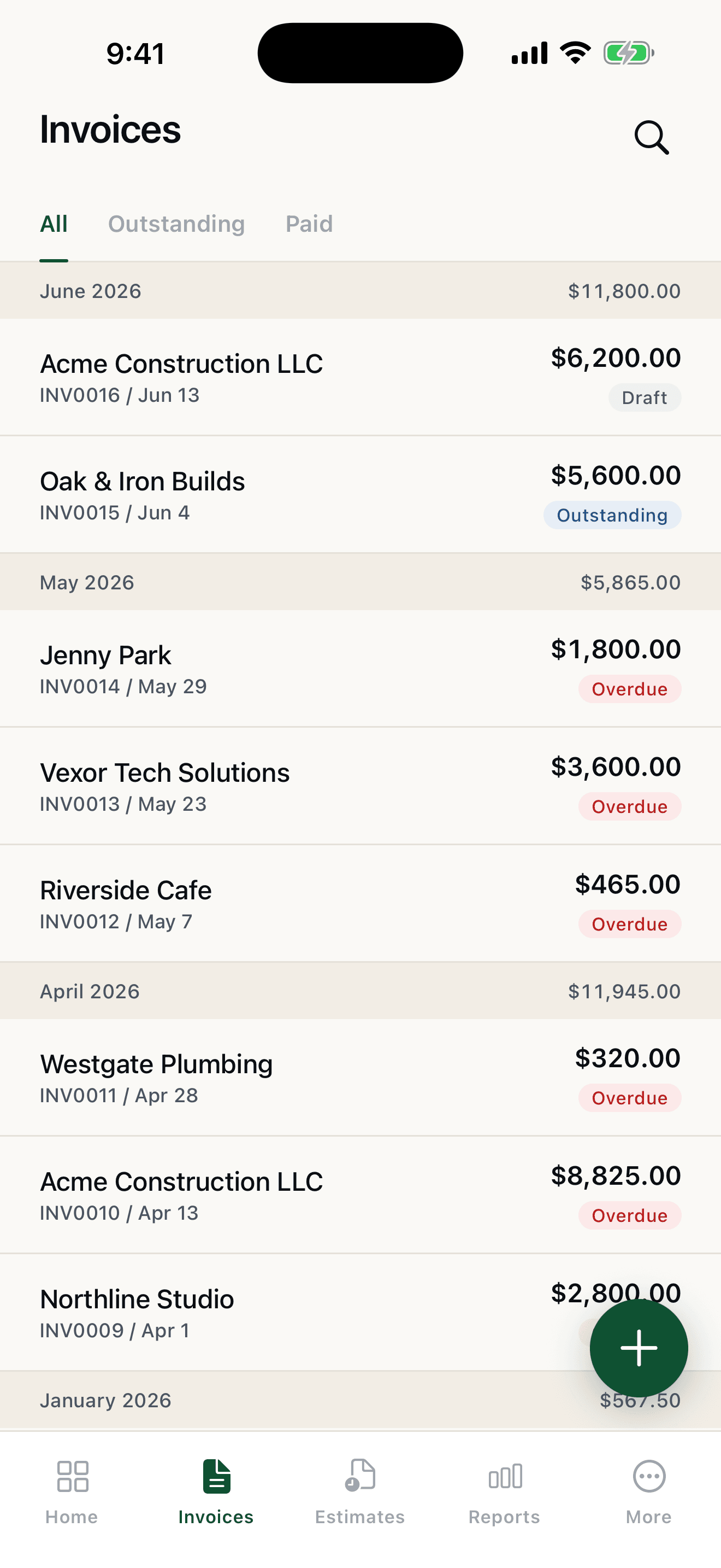 Pocket Invoice invoices list, sorted by month